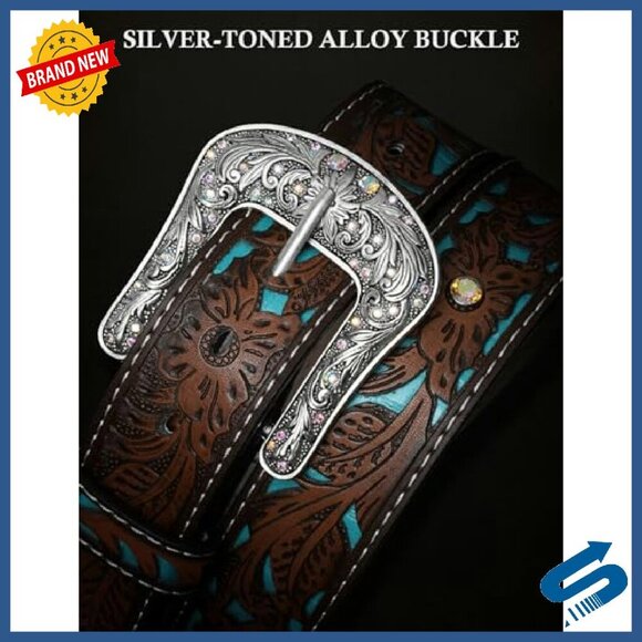 Western Belt with Carved Buckle, PU Leather, 9 Holes, Unisex main image 5